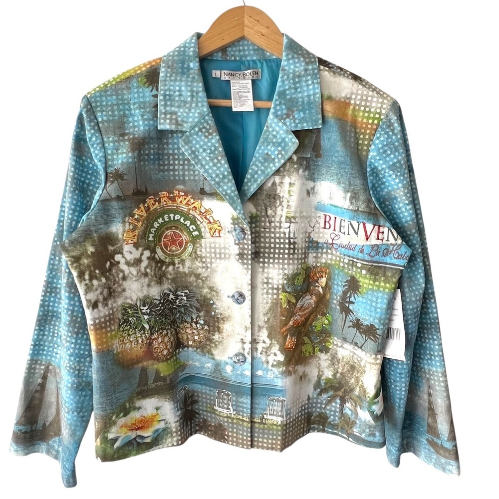 Nancy Bolen City Girl Copa Cabana Tropical‎ Sequin Blazer Jacket Blue Large NEW